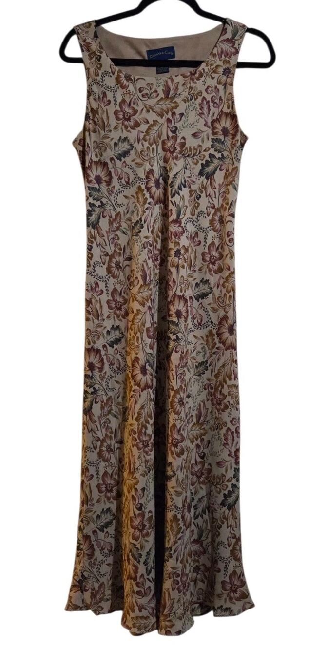 Charter Club Women Tan Brown 100% Silk Shift Dress Floral Print Sz 8 Boho Hippie